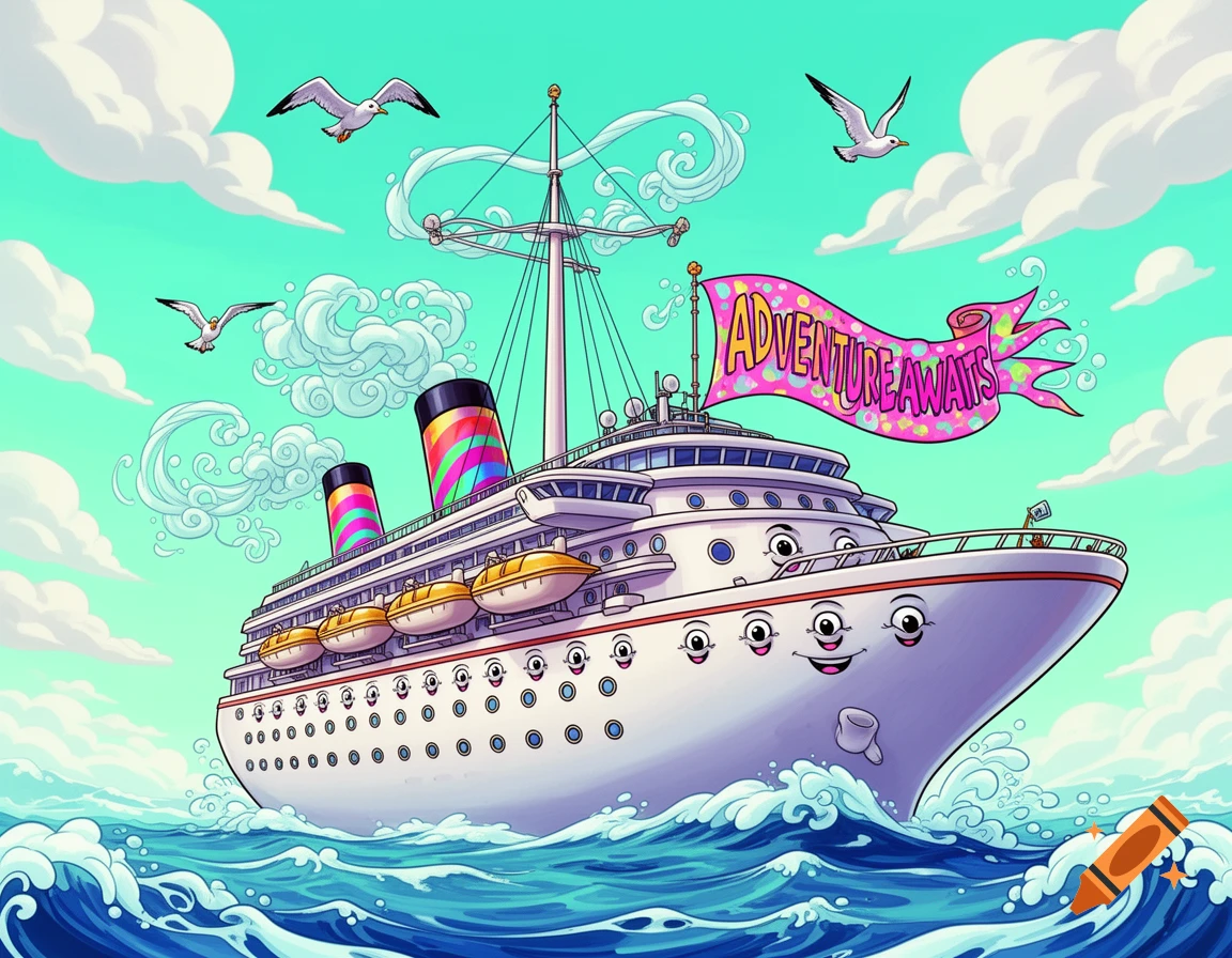 Whimsical cartoon cruise ship with googly eyes and 'ADVENTURE AWAITS' banner, sailing on the ocean with seagulls.
