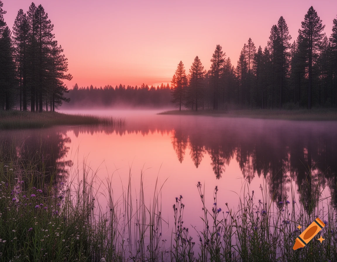 A stunning sunset over a misty lake, reflecting vibrant pink and orange ...