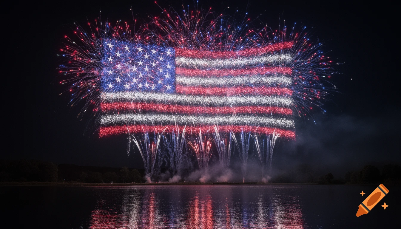 A vibrant display of fireworks creating the American flag in the night sky, reflected on a calm body of water.