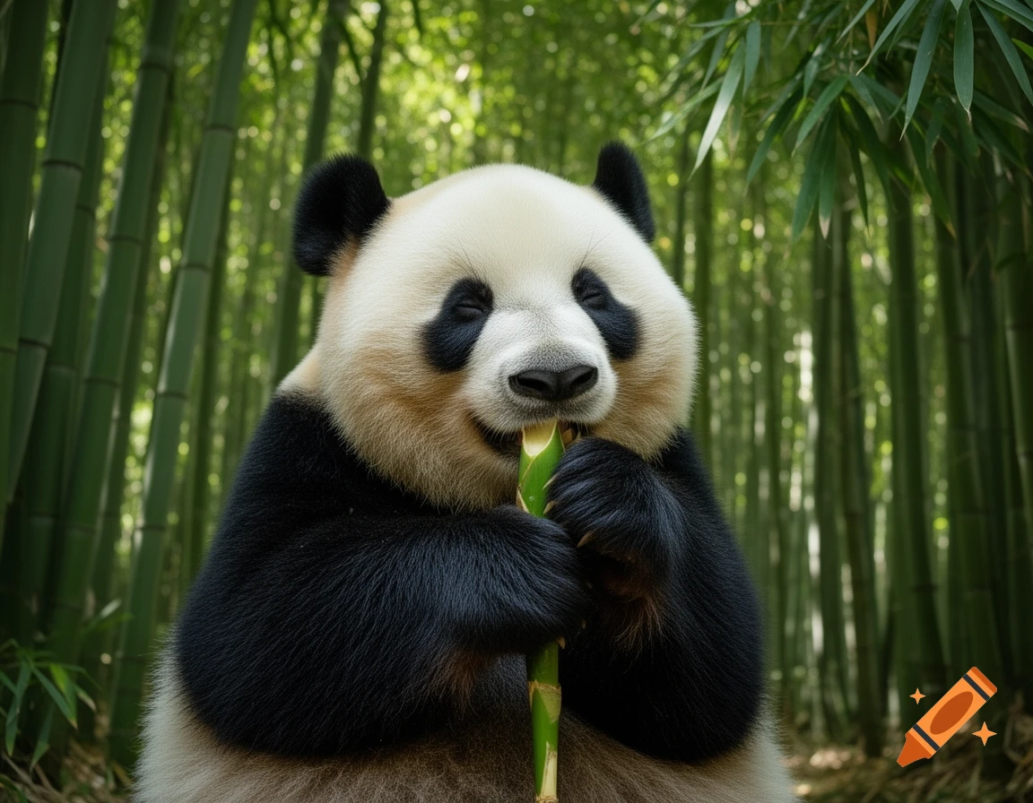 A chubby, happy-looking panda eating a bamboo stalk in a lush bamboo forest.