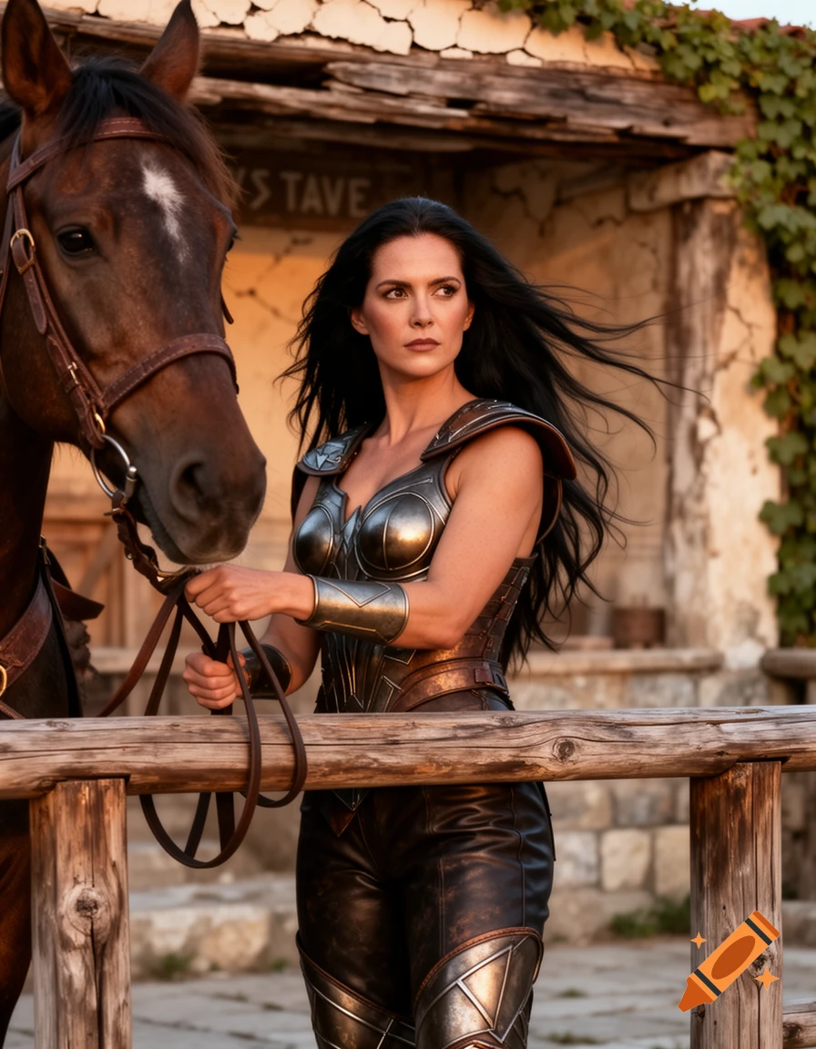 Photorealistic portrait of a dark-haired warrior woman in metallic armor and leather pants, holding a horse's rein near a wooden rail outside an ancient tavern.