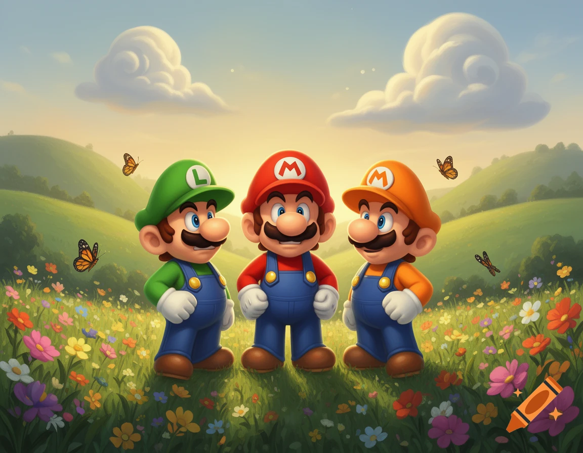Three cartoon brothers resembling Mario and Luigi stand in a vibrant flower field under a sunny sky.