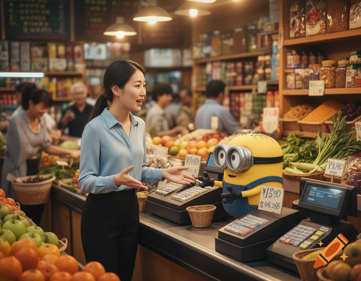 A Chinese woman talks to a Minion behind a counter in a bustling market filled with produce and shelves of goods.