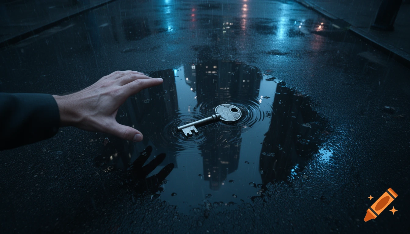 A hand reaches towards a key in a rainy street puddle, reflecting a dark, blue-lit city in a moody, hyper-realistic style.