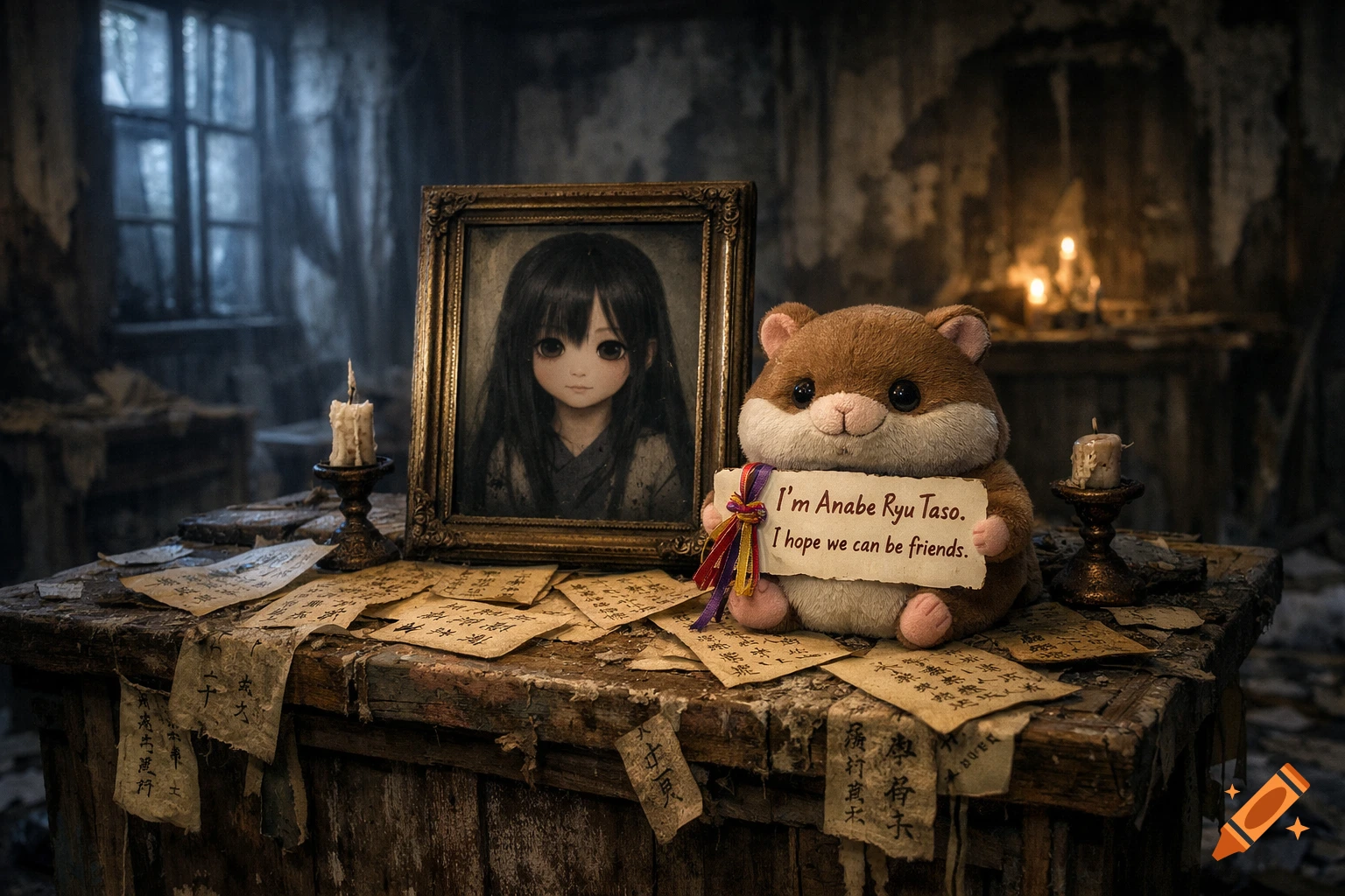 A cute hamster plush toy holding a note in a decrepit room, next to a portrait of a dark-haired girl and scattered papers.