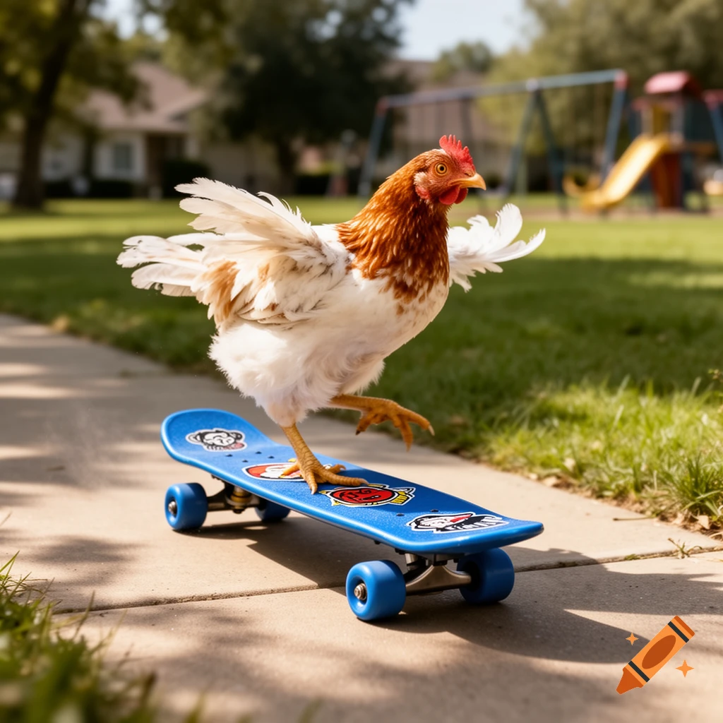 A photorealistic chicken in mid-action, balancing on a blue skateboard on a paved path in a sunny park.