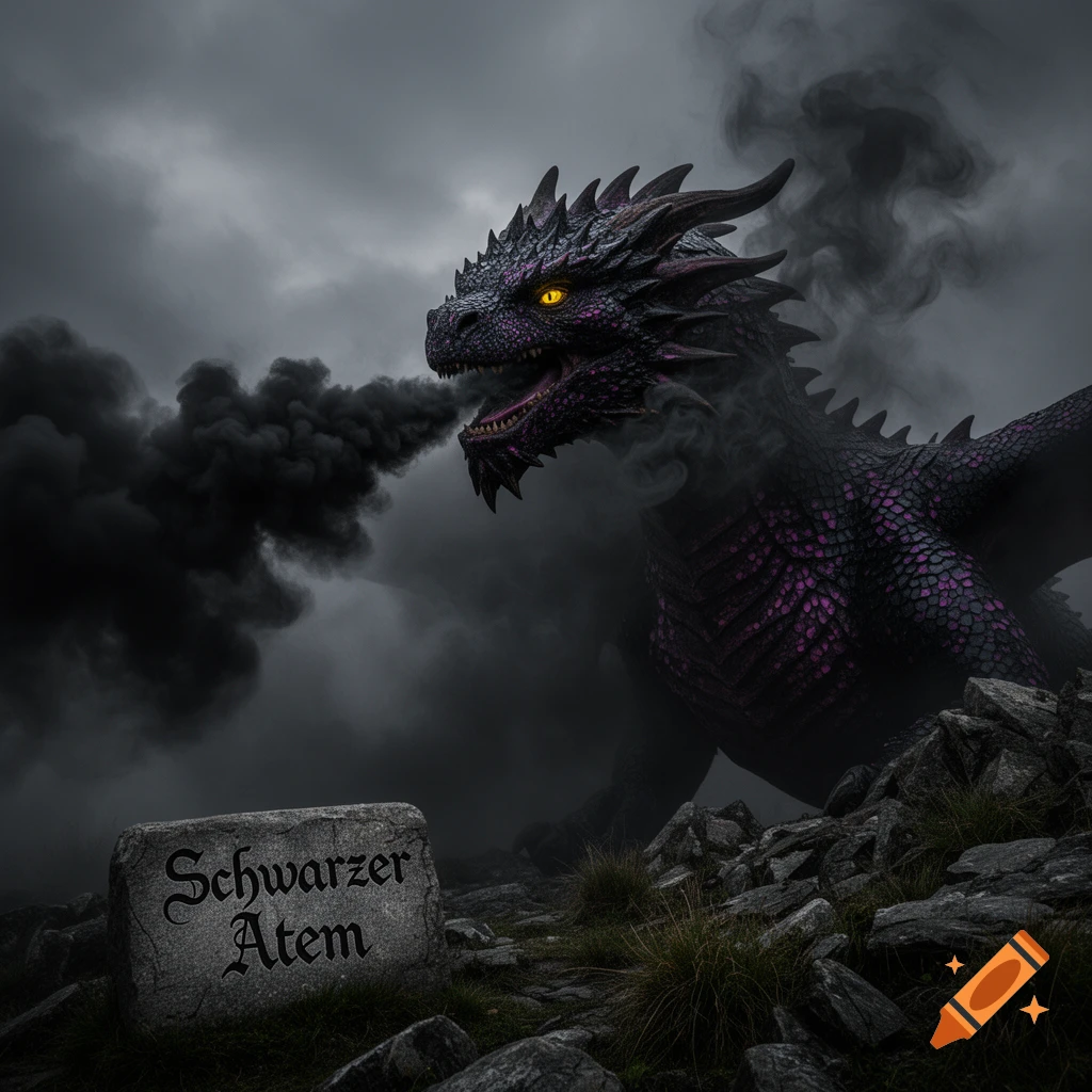 A powerful black and purple dragon with glowing yellow eyes breathes dark smoke in a stormy, rocky landscape, with text on a stone in the foreground.
