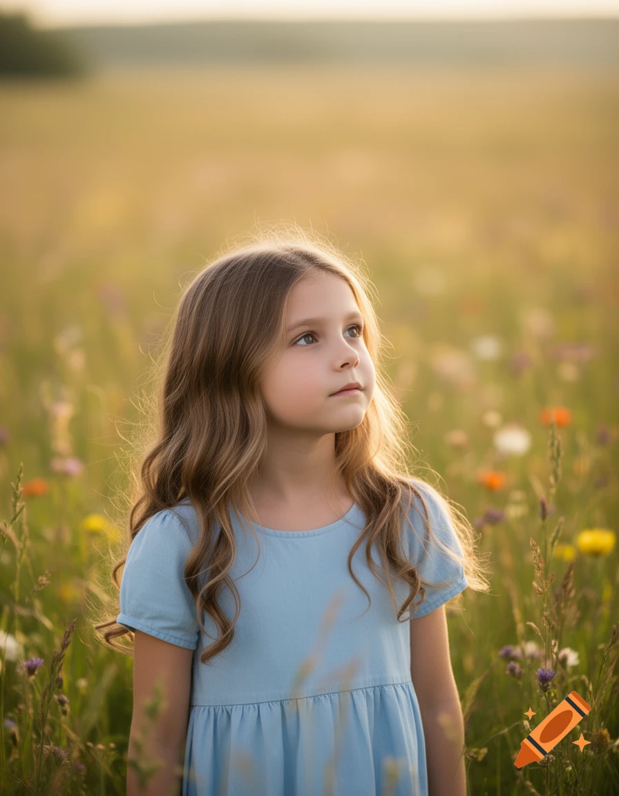 A young girl with long brown hair in a blue dress looks up while ...