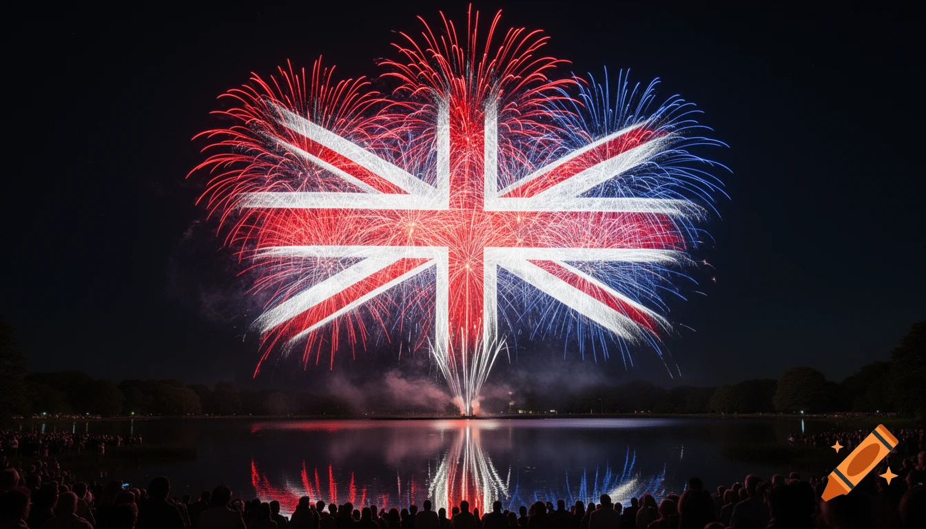 Fireworks exploding in the shape of the British Union Jack flag over a lake at night, with a crowd watching.