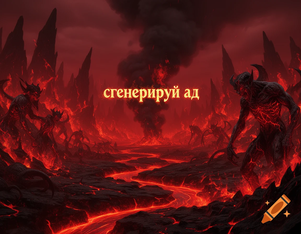 A dark fantasy hellscape with demons, glowing lava rivers, jagged rocks, and smoke under a red sky. Text reads 'generate hell'.