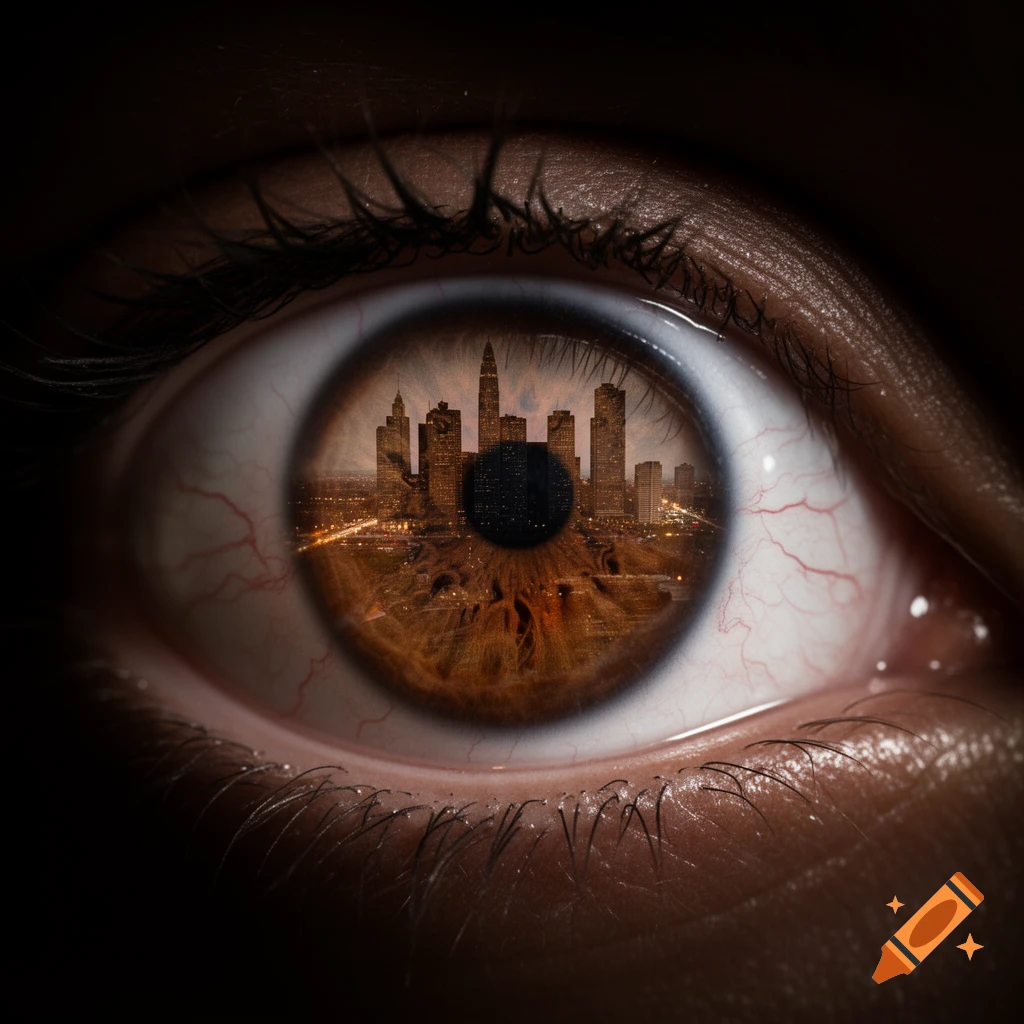 Close-up of a brown human eye with a detailed cityscape, including buildings and streetlights, reflected in its iris.