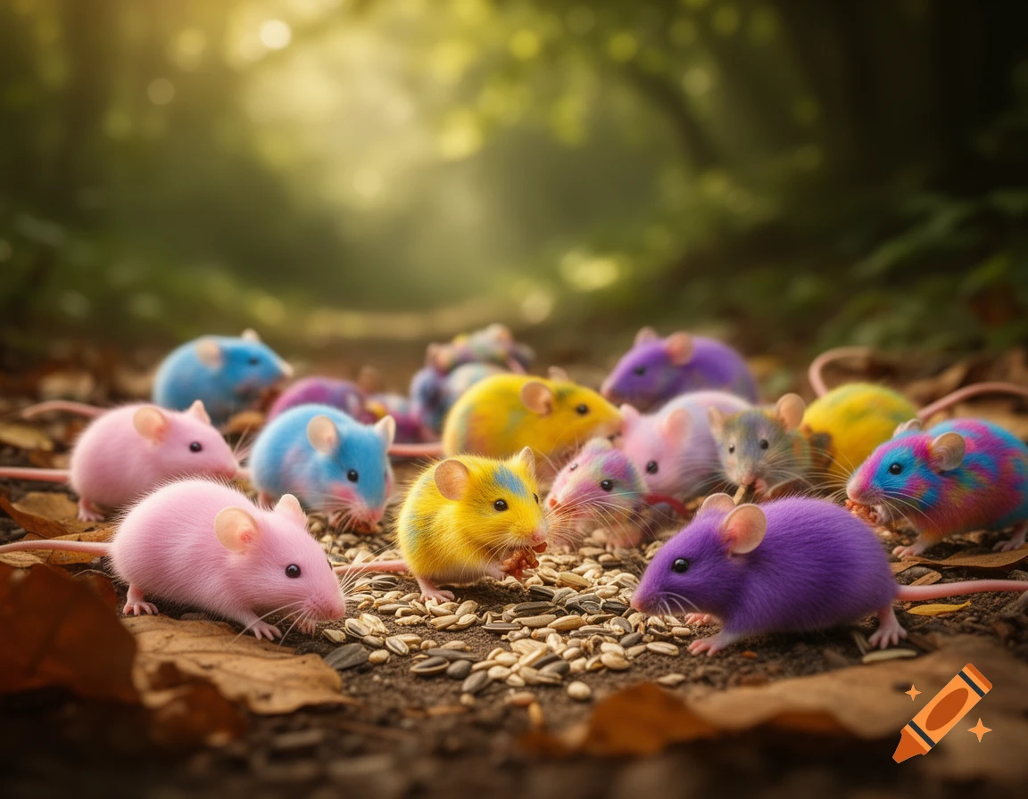 A group of vibrantly colored mice, including pink, blue, yellow, and purple, gather on the forest floor to eat seeds.