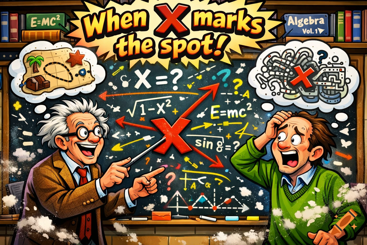 A comic-style illustration shows a cheerful professor pointing at a math-filled chalkboard, featuring 'X marks the spot!' title, with a confused student beside him.