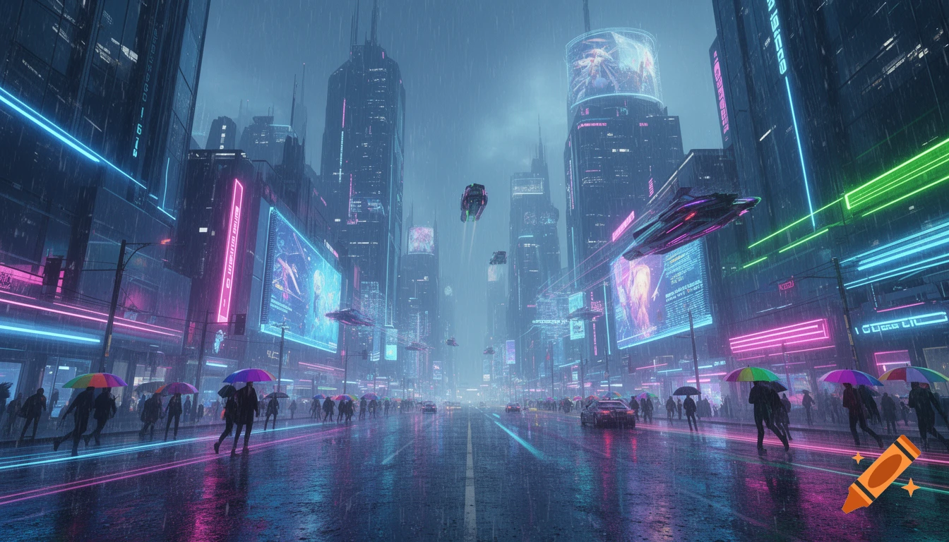 A cyberpunk city in the rain at night, with neon lights reflecting on ...