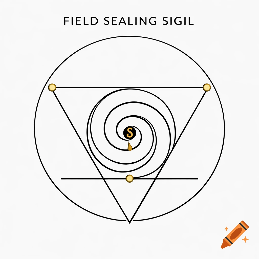 A black and gold geometric sigil with text 'FIELD SEALING SIGIL'. It features a downward-pointing triangle within a circle, a central spiral with an 'S', and four golden dots.