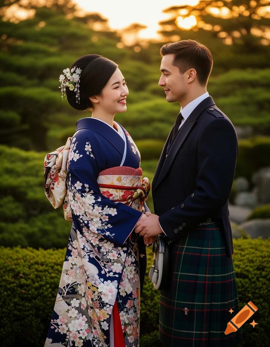 A couple in traditional attire, a woman in a blue floral kimono and a man in a green tartan kilt, hold hands and smile in a sunlit garden.
