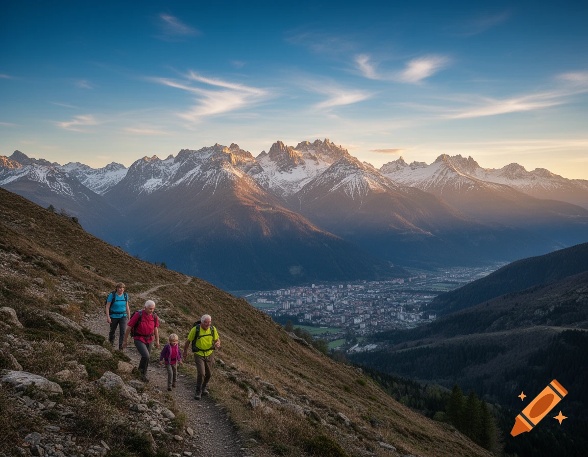 A family hikes on a mountain path with snowy peaks and a city in the valley under a blue sky with clouds, photorealistic.