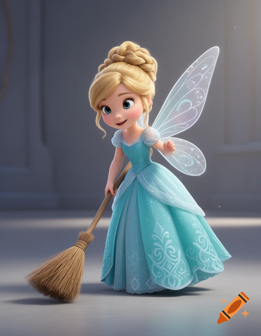 A cute blonde cartoon fairy in a blue dress with shimmering wings holds a broom, sweeping a grey floor.