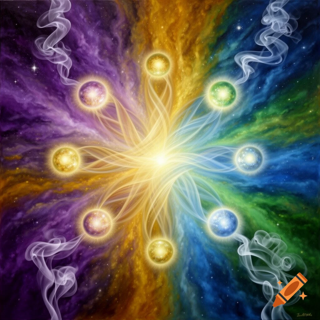 Abstract painting with a bright central light, seven glowing orbs, swirling light patterns, colorful cosmic background, and wisps of smoke.