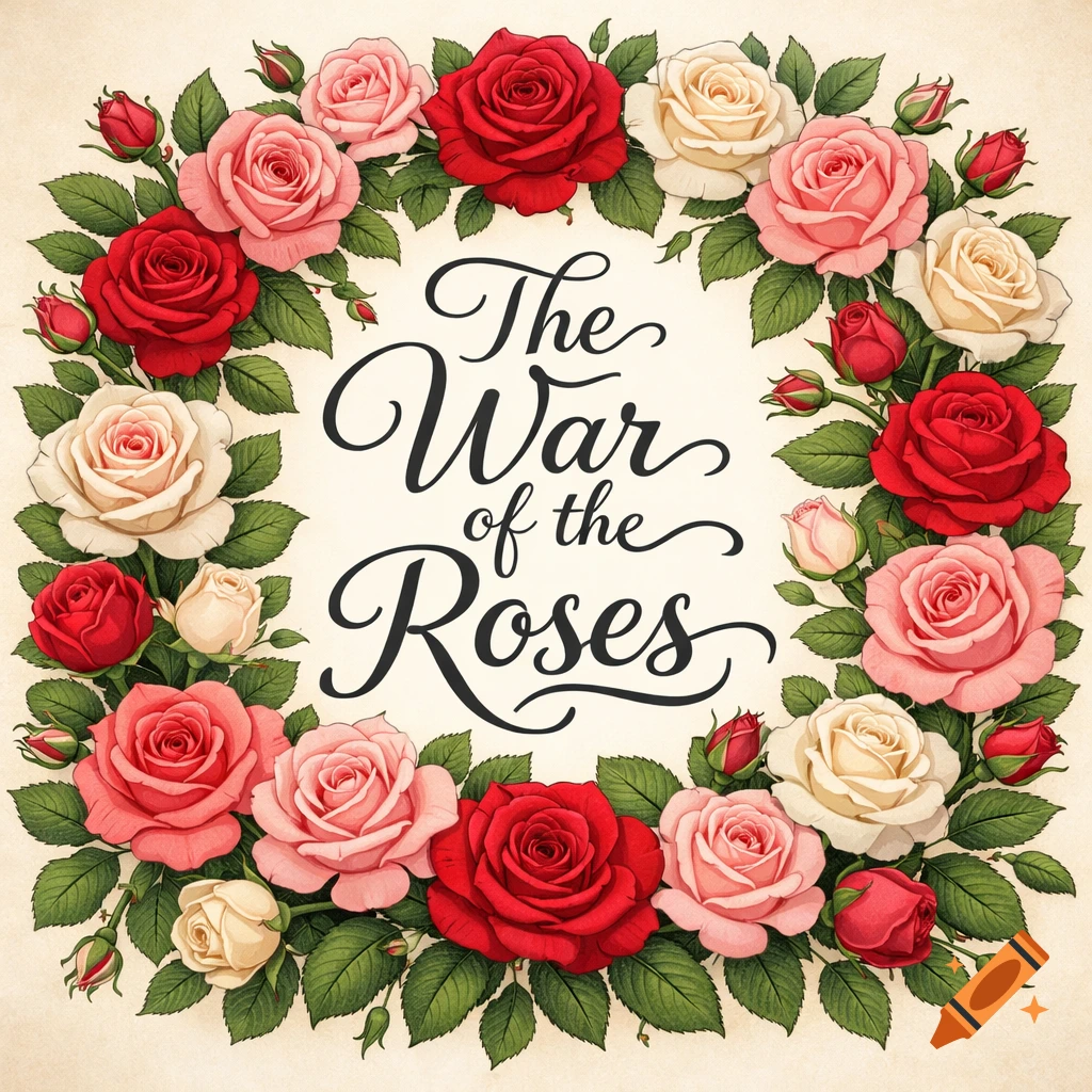 A square wreath of red, pink, and white roses with green leaves surrounds calligraphic text 'The War of the Roses' on a cream background.