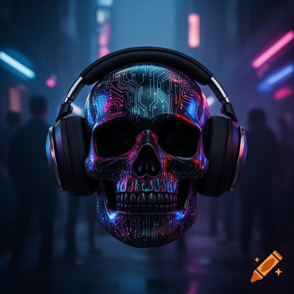 A dark, stylized skull with glowing neon circuit patterns wears headphones against a blurry neon cityscape.