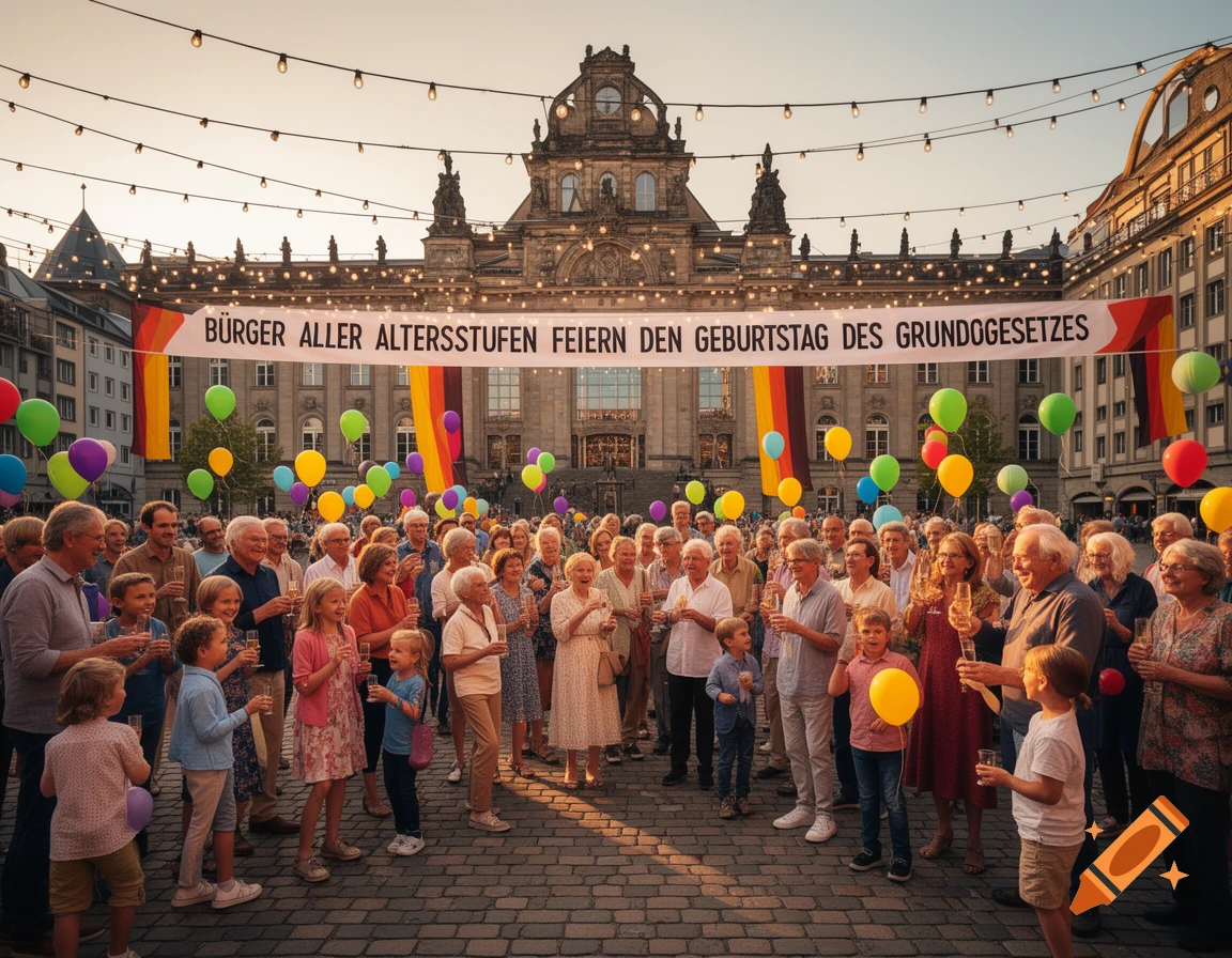 A diverse crowd of people celebrates with balloons and drinks in front of a grand building adorned with a banner, under string lights.
