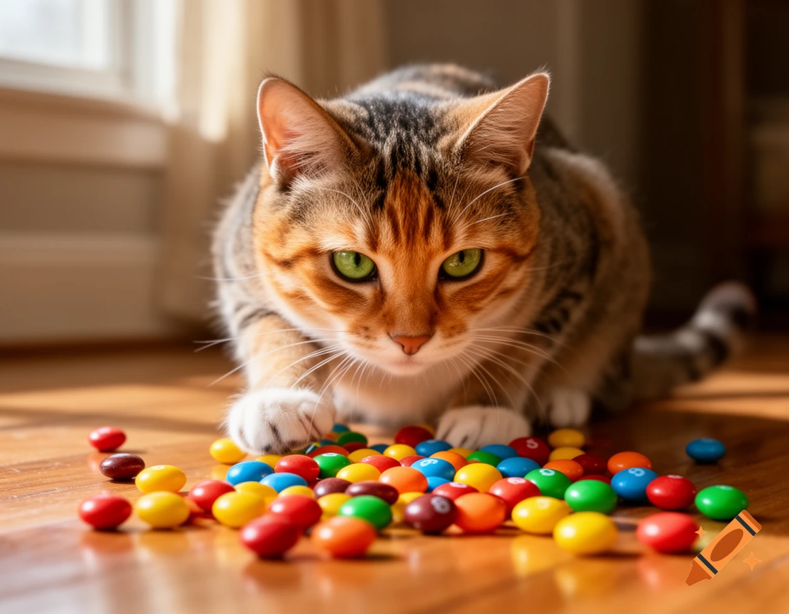 A tabby cat with bright green eyes looks intently at a pile of colorful candies on a wooden floor.