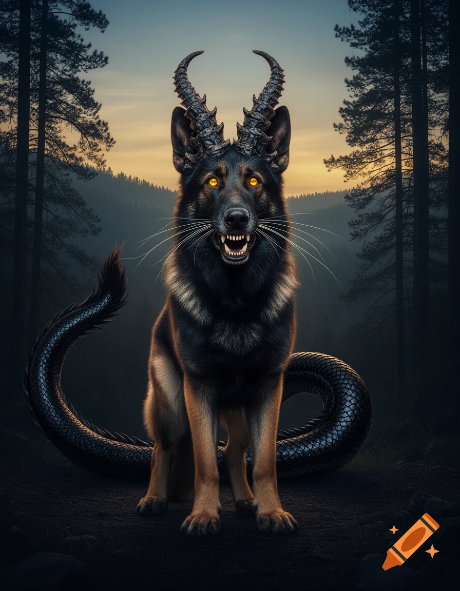 A fierce black and tan German Shepherd with draconic horns, glowing golden eyes, bared teeth, and a snake-like tail stands in a dark forest at dusk.