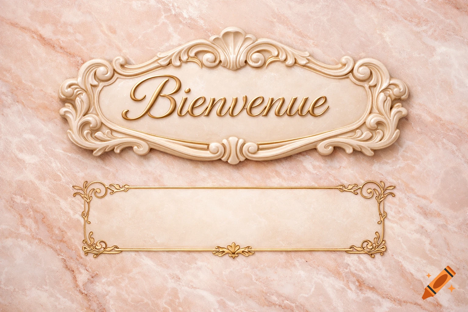 Ornate welcome sign with 'Bienvenue' in gold script against a pink marble background, with an empty decorative frame below.