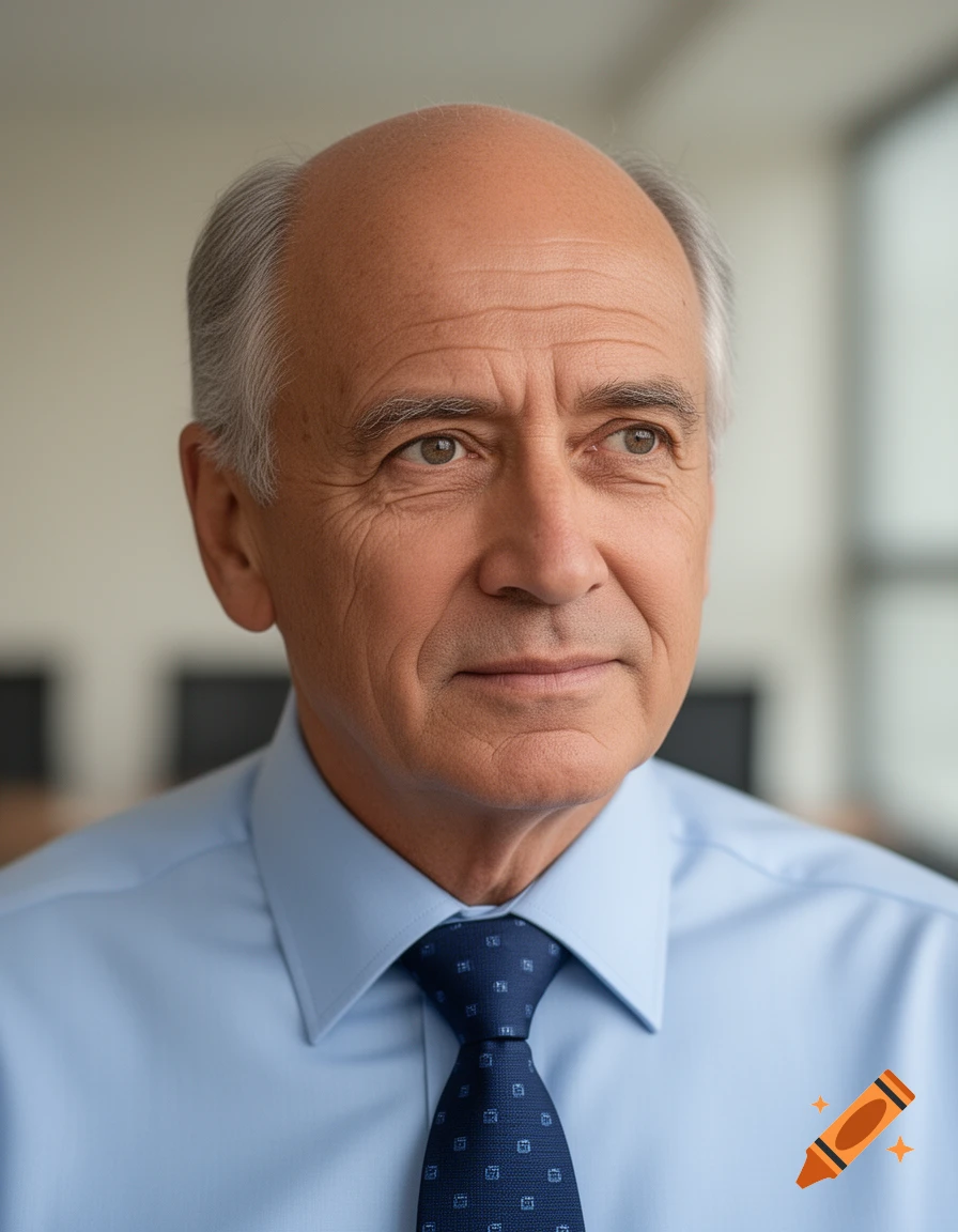 Photorealistic portrait of a balding senior man with salt-and-pepper hair, wearing a light blue shirt and navy tie, looking thoughtfully to the right.