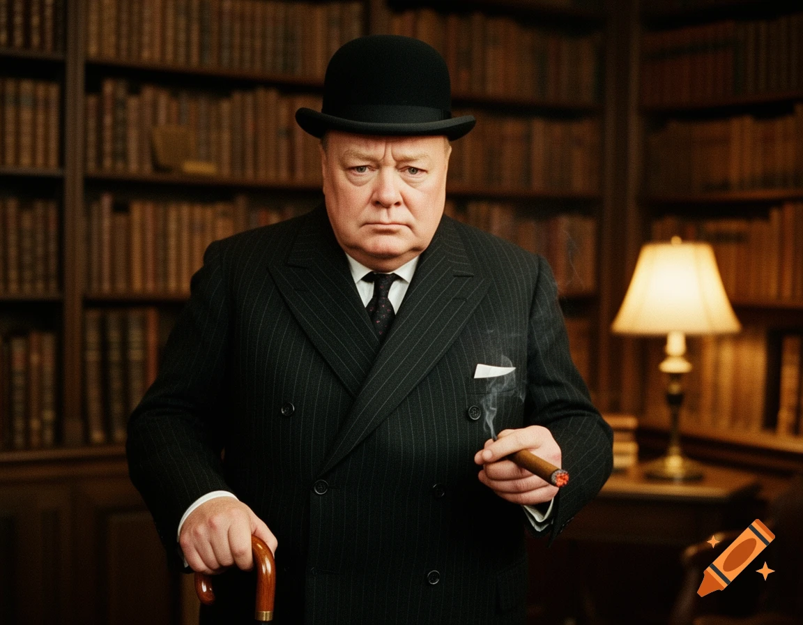 A stern man resembling Winston Churchill in a bowler hat and pinstripe suit, holding a lit cigar and a cane, stands in a library.