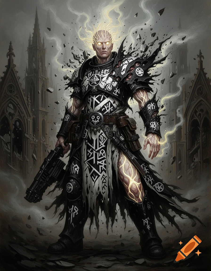 A grimdark sci-fi gothic painting of a powerful warrior in black and white armor, adorned with fractured runes, glowing with ethereal light amidst a ruined city.