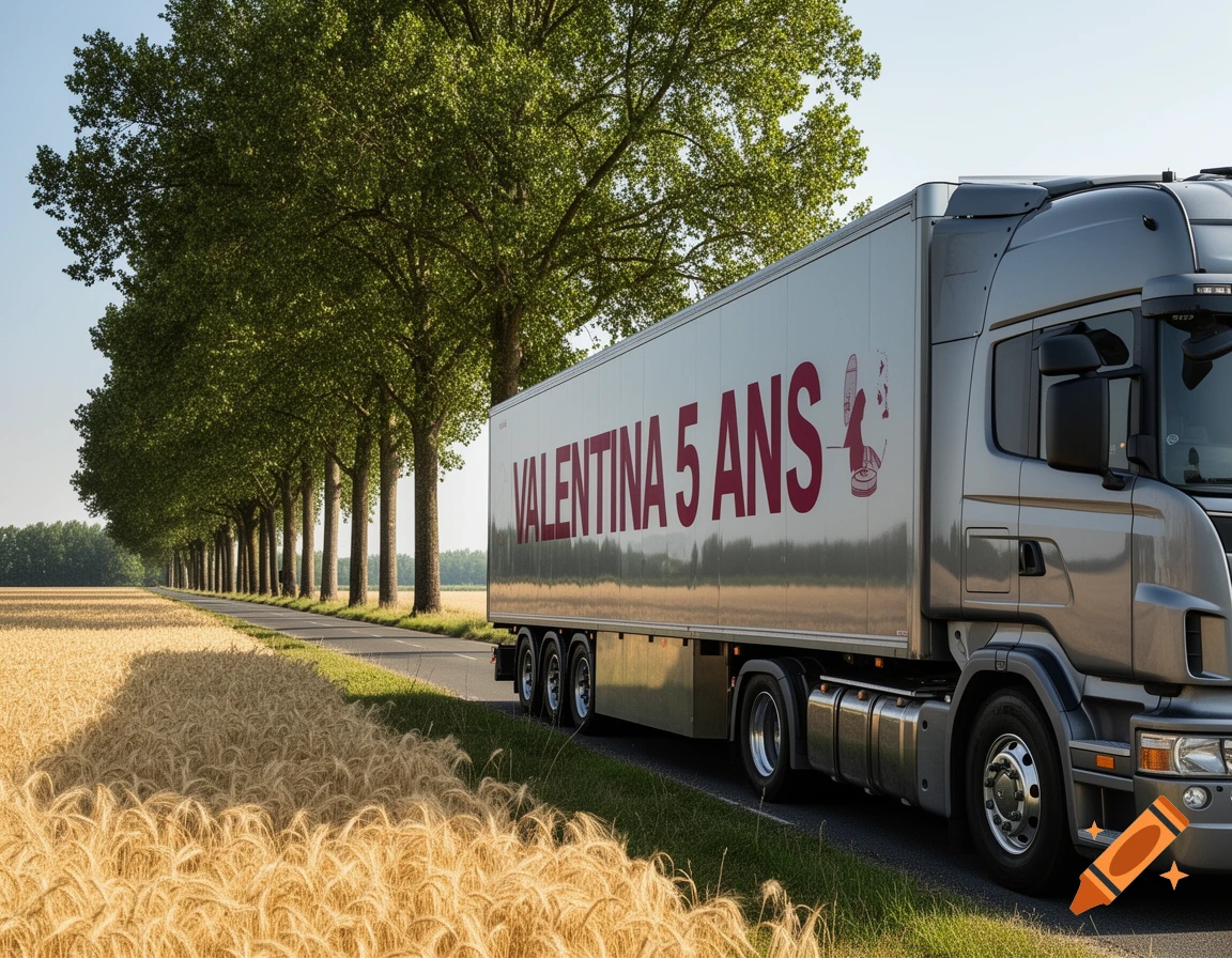 A grey Scania truck marked 'VALENTINA 5 ANS' drives along a road next to golden wheat fields and a line of tall green trees.