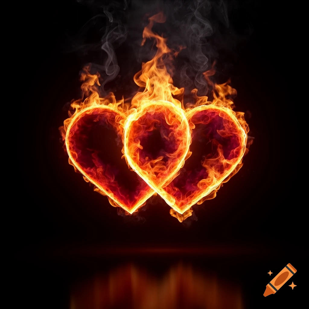 Two intertwined hearts made of vibrant orange and yellow flames against a dark background.