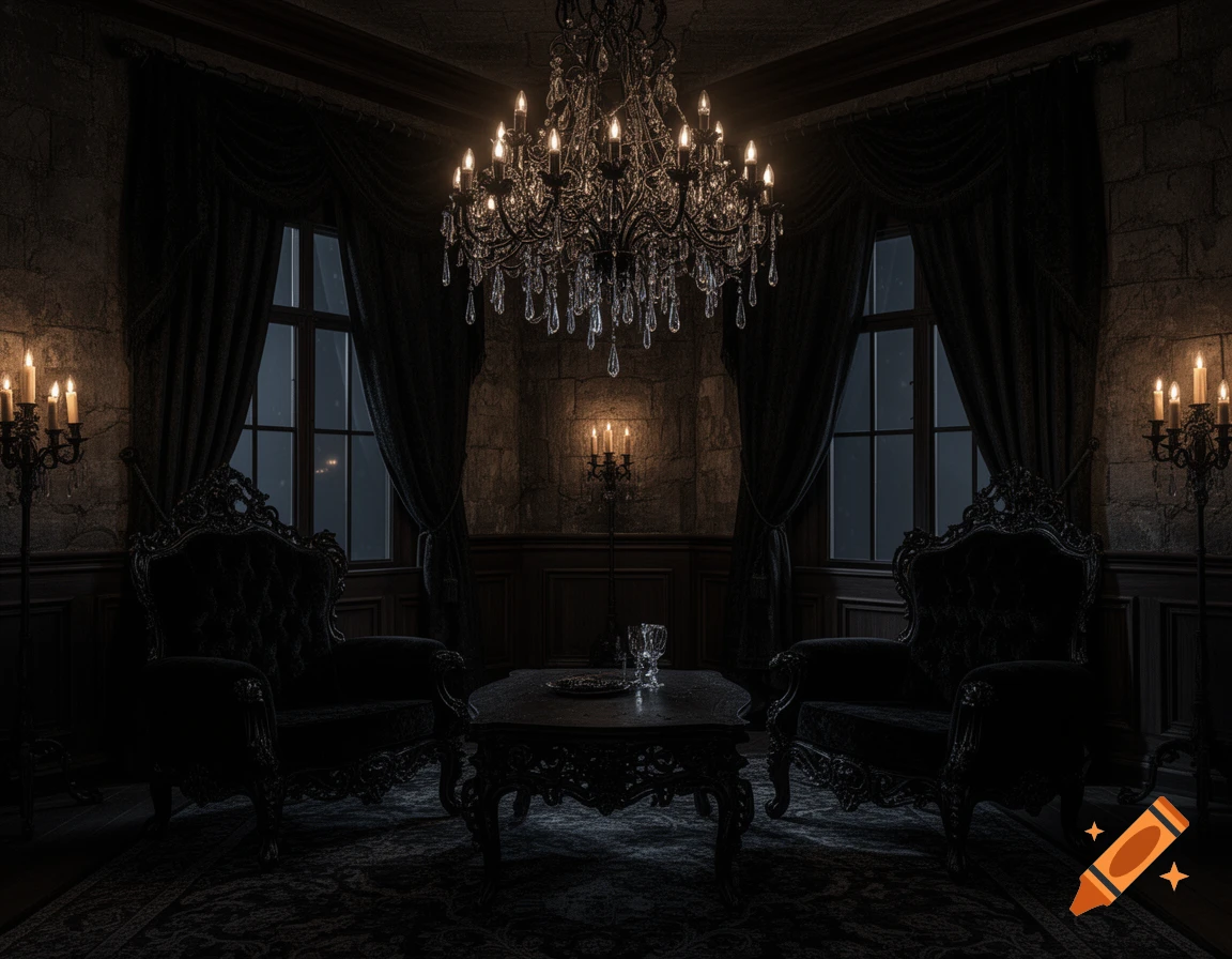 A dark gothic room with ornate black furniture, a large chandelier, and tall windows, dimly lit by candlelight.