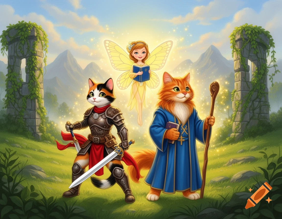 A hand-painted fantasy illustration of a calico cat warrior, an orange tabby cat cleric, and a glowing fairy healer in a magical landscape with ancient ruins and mountains.