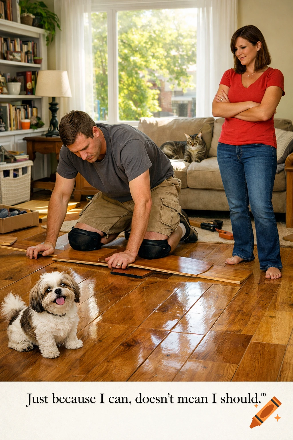 A man on his knees installs wood flooring, a woman with crossed arms watches, a happy shih tzu looks up, and a tabby cat rests on the couch. Caption: "Just because I can, doesn't mean I should."