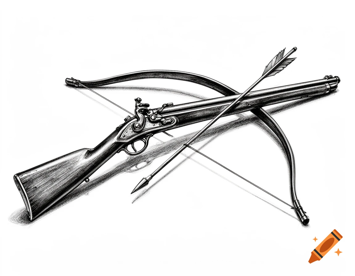 A black and white sketch features an old musket, a crossbow, and an arrow overlapping on a white background.