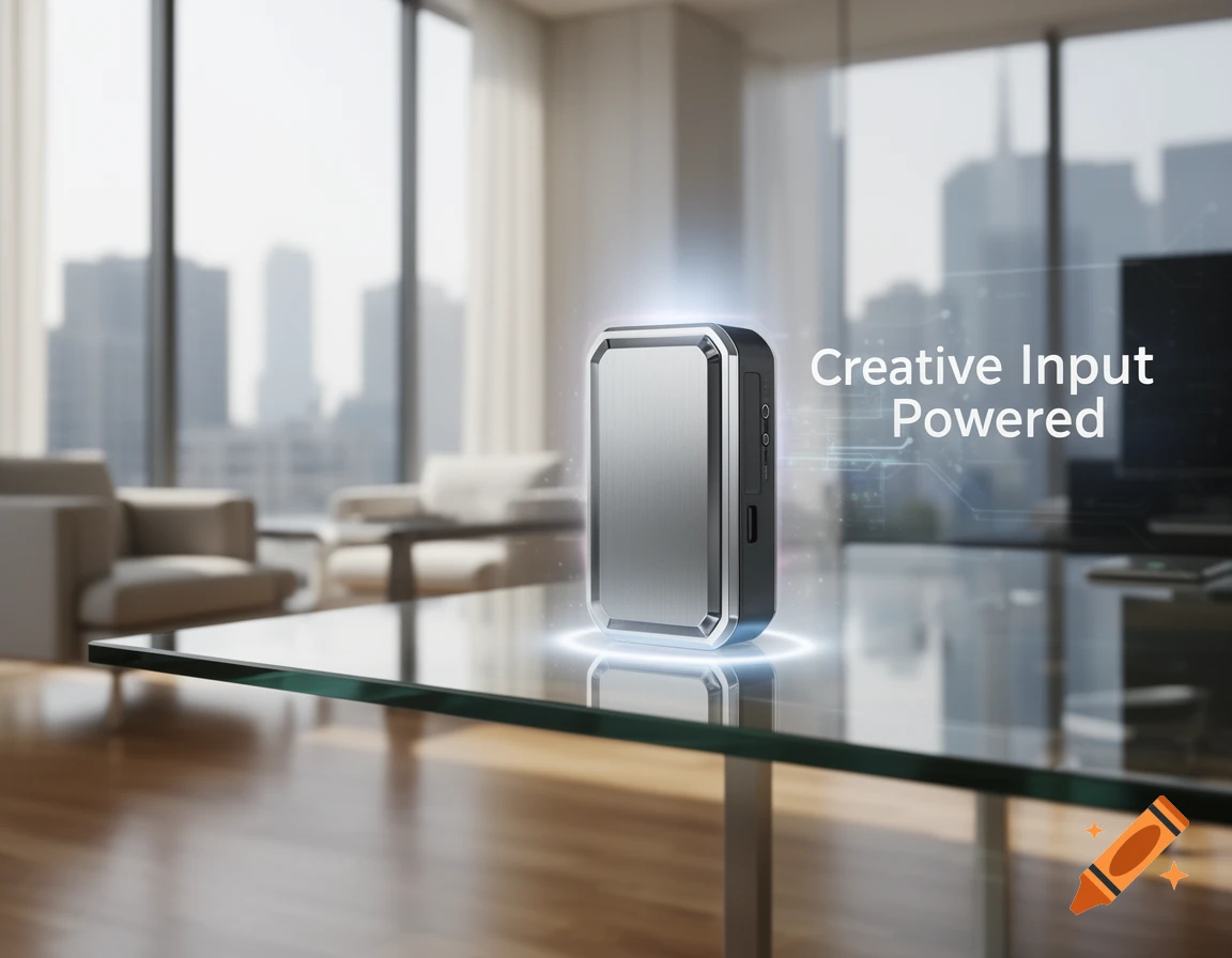 A sleek, modern silver and black computing device with glowing accents sits on a glass table in a bright, contemporary office space with city views, and the text "Creative Input Powered" next to it.