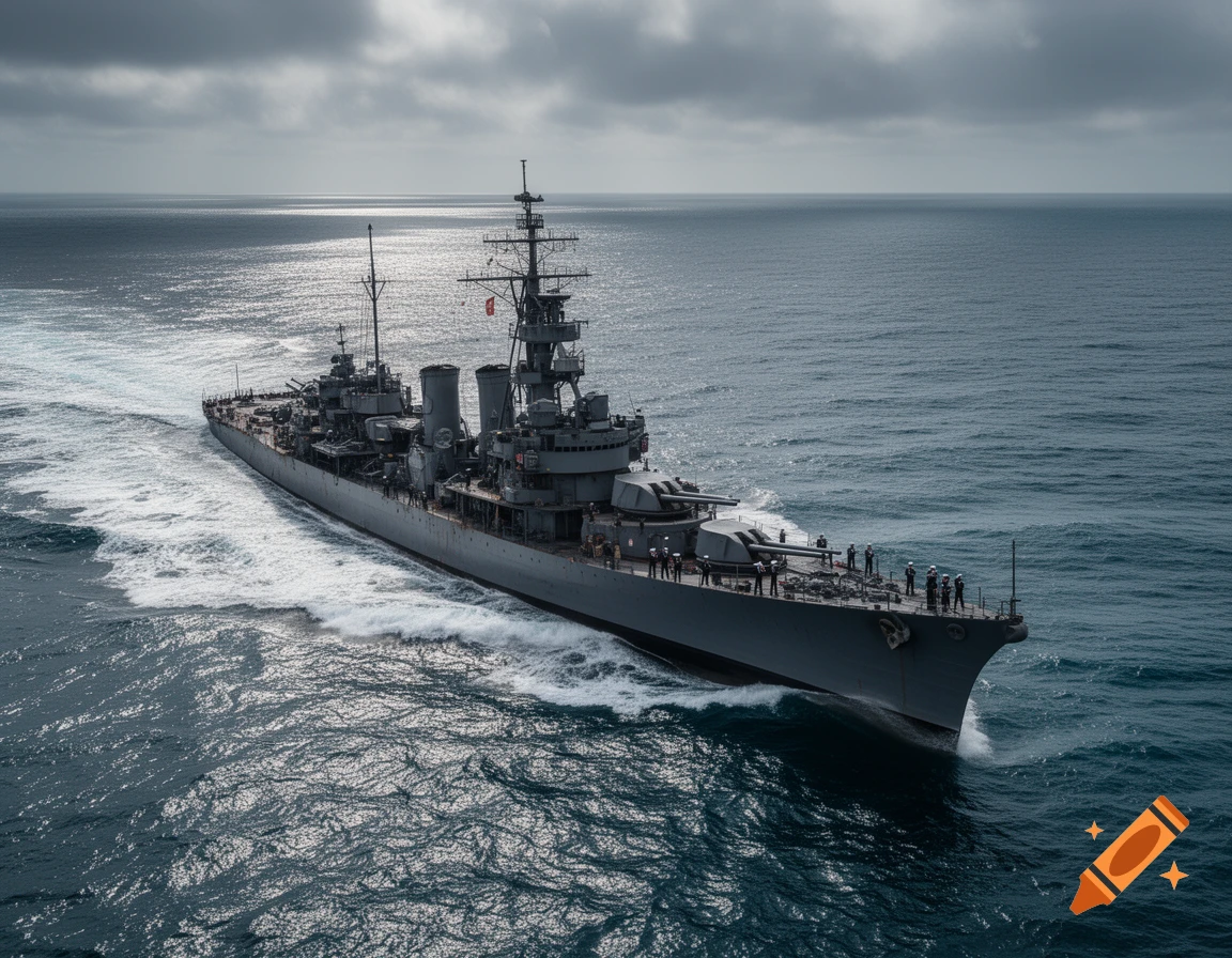 A large grey warship sails across choppy dark blue ocean water under a cloudy sky.