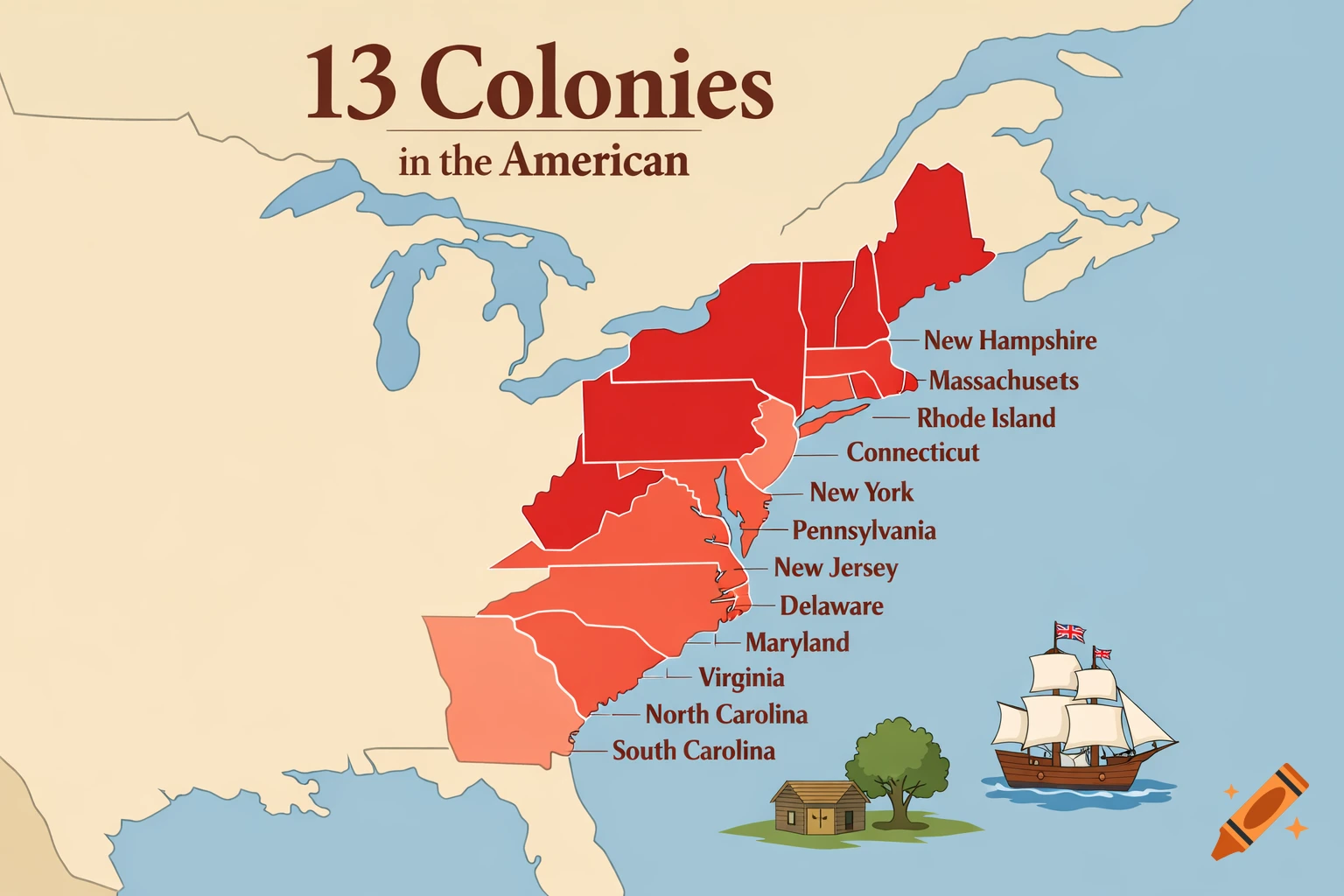 An illustrated map showing the 13 American Colonies highlighted in red and light red, with labels for each colony, a sailing ship, a small house, and a tree.