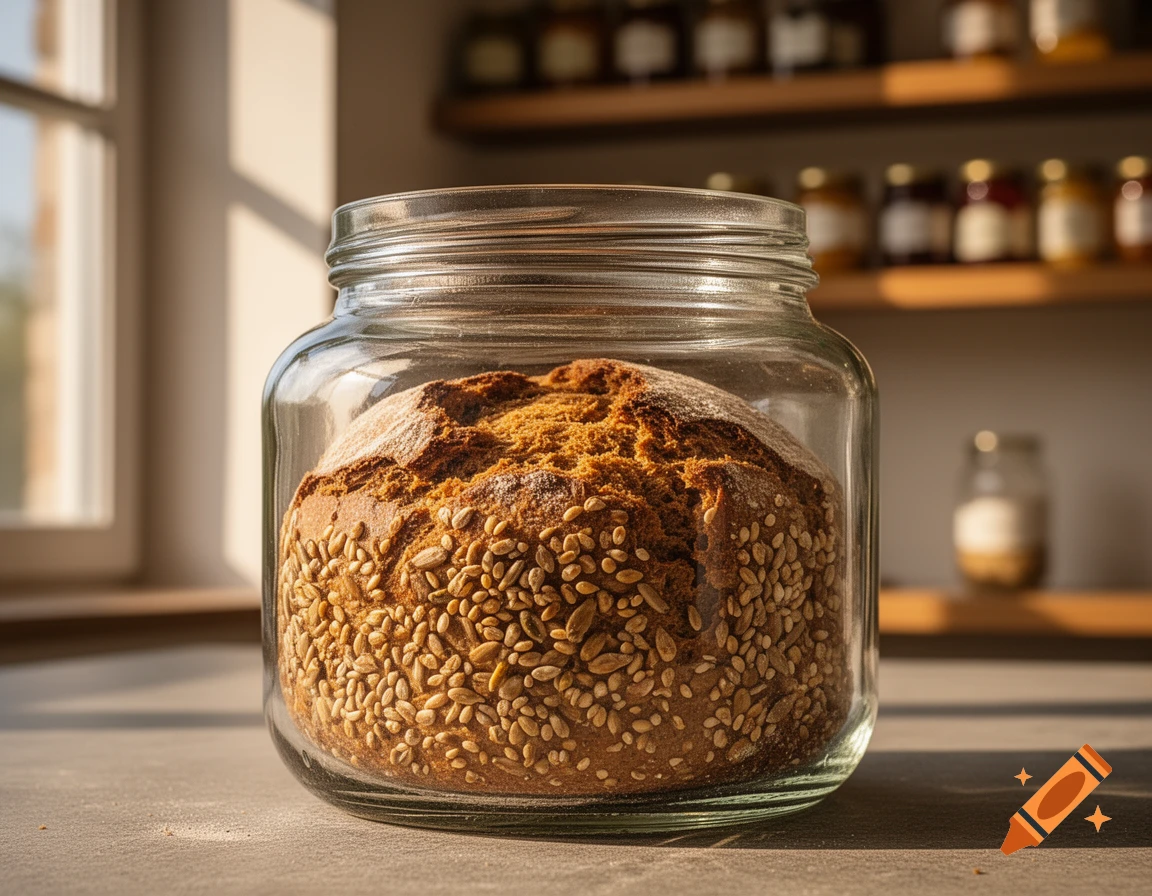 A rustic gluten-free seed bread baked directly inside a glass Weck jar, sitting on a sunlit counter by a window.