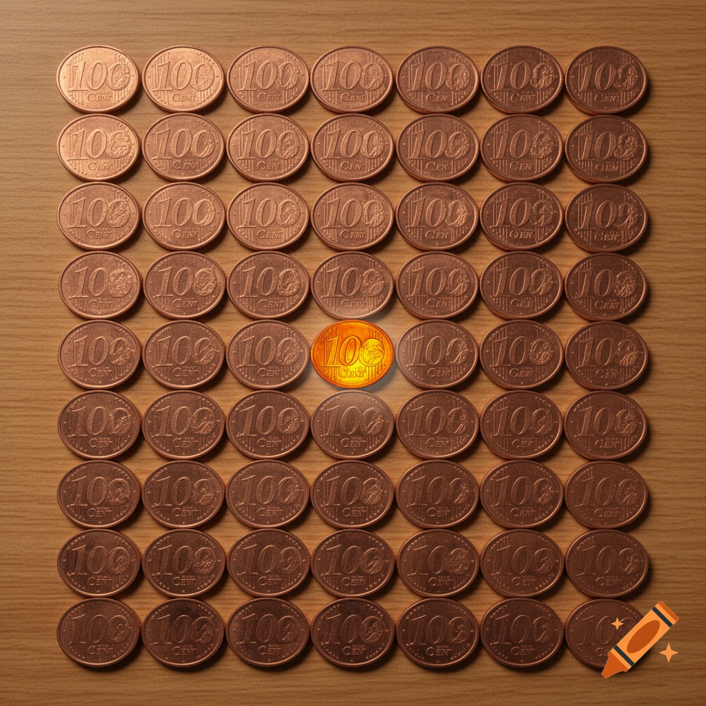 A grid of 100 copper 100 cent coins on a wooden surface, with one coin in the middle row highlighted with an orange glow.