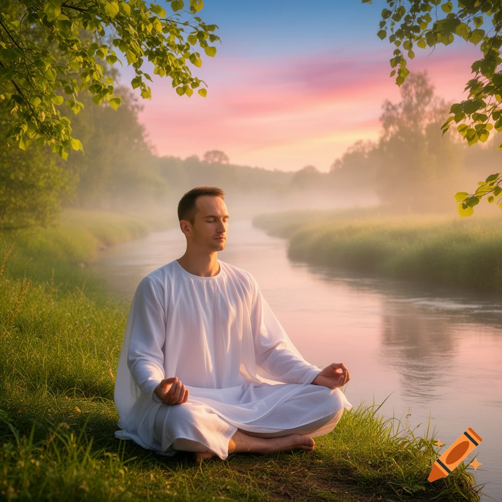 A man in a white robe meditating in a lotus position by a misty river at sunrise, surrounded by lush greenery.