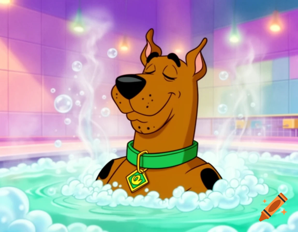 Cartoon Scooby-Doo, smiling with closed eyes, relaxing chest-deep in a bubbly green hot tub.