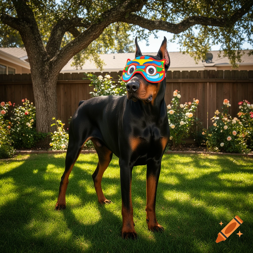 A black and tan Doberman dog wearing a colorful, cartoonish mask stands in a sunny green backyard.