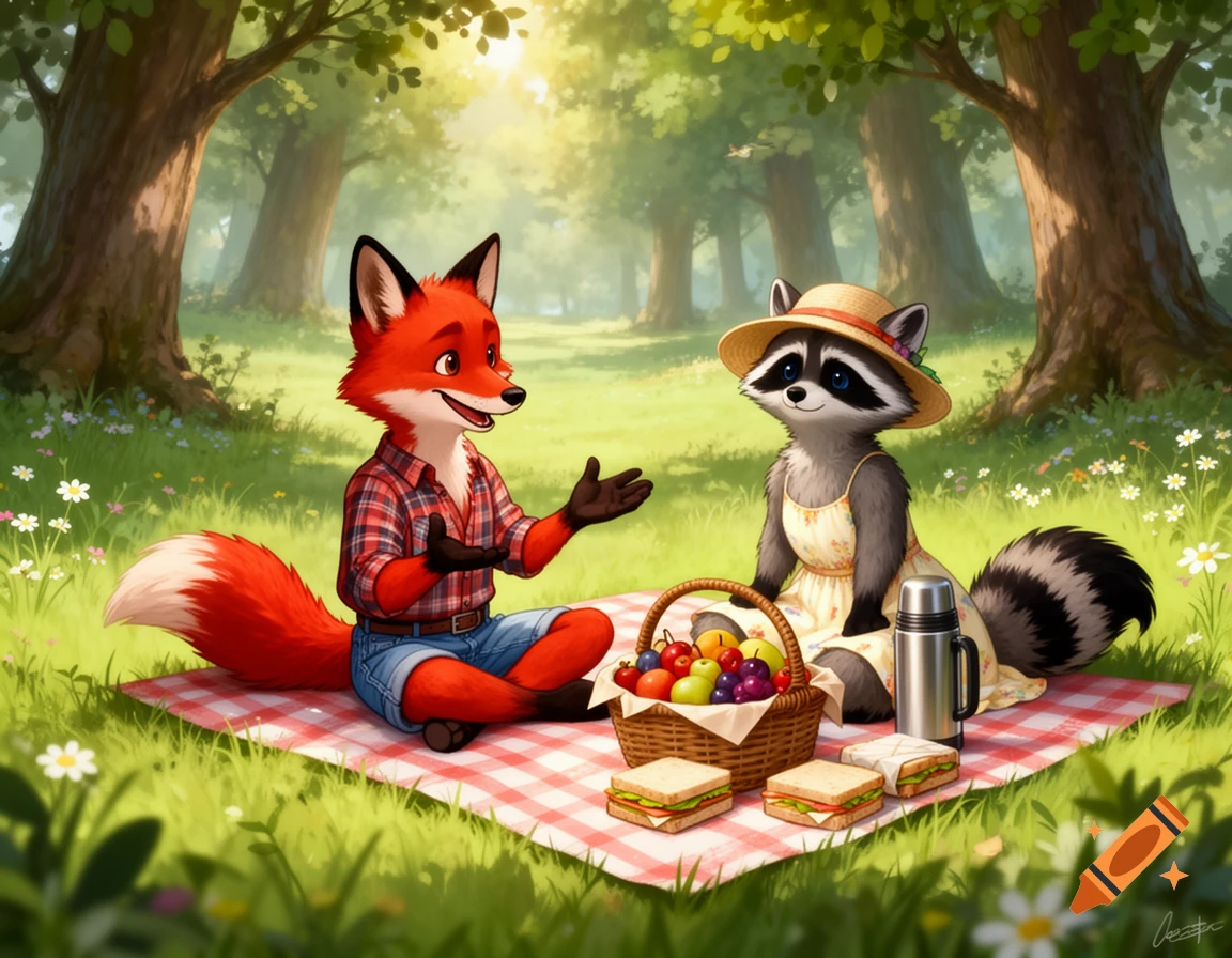 A cartoon fox and raccoon enjoy a sunny picnic in a forest clearing, sitting on a red and white checkered blanket.