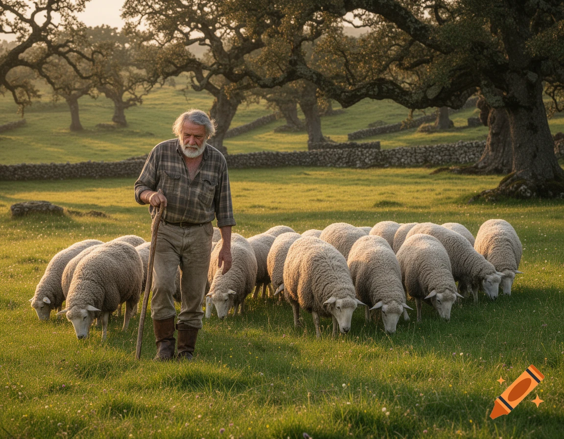 An old man with a beard and a cane walks with his flock of sheep grazing in a sunlit green field under large trees.