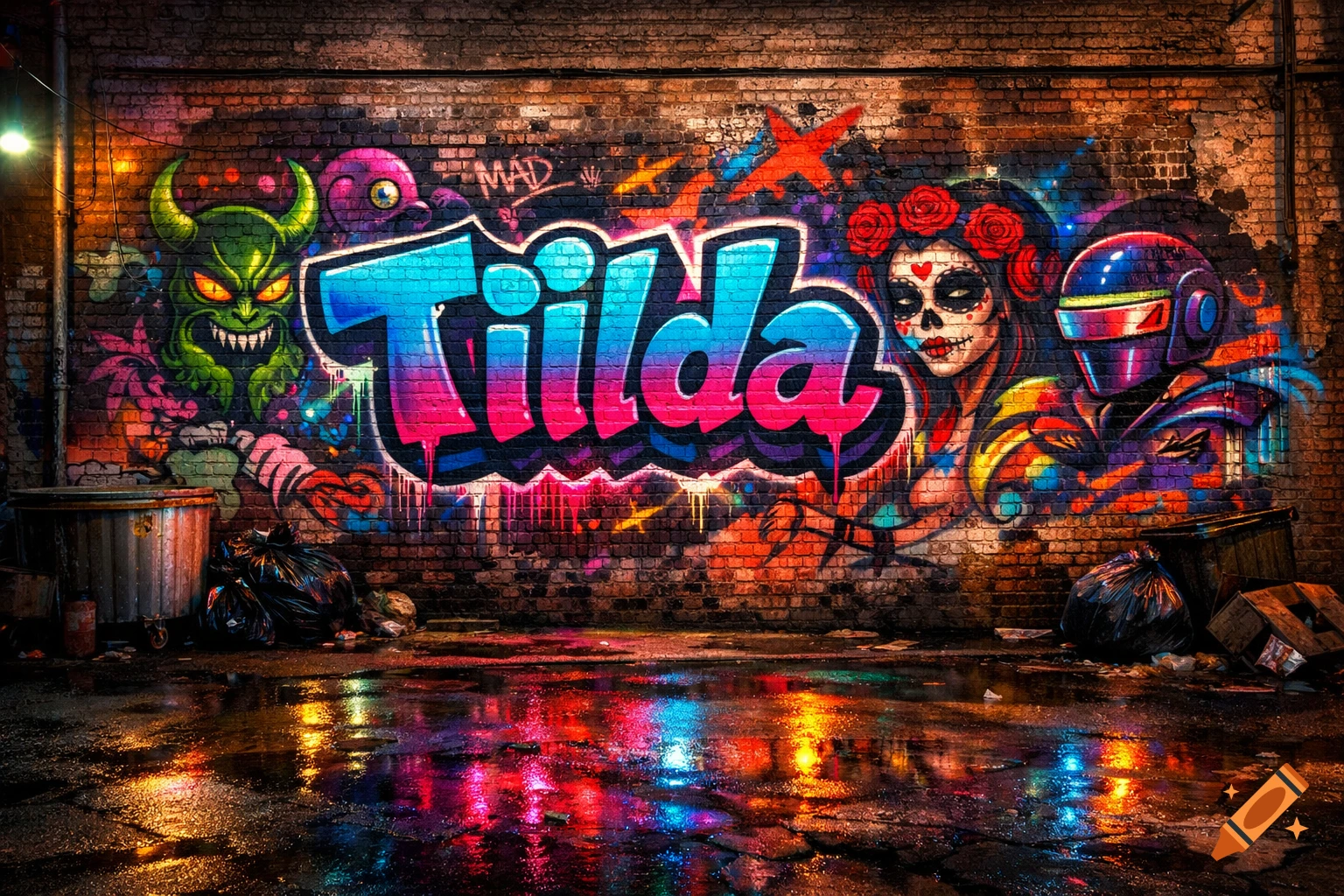 Vibrant graffiti on a wet brick alley wall: 'Tilda' text, a green monster, a sugar skull face, and a futuristic helmet, with neon reflections.