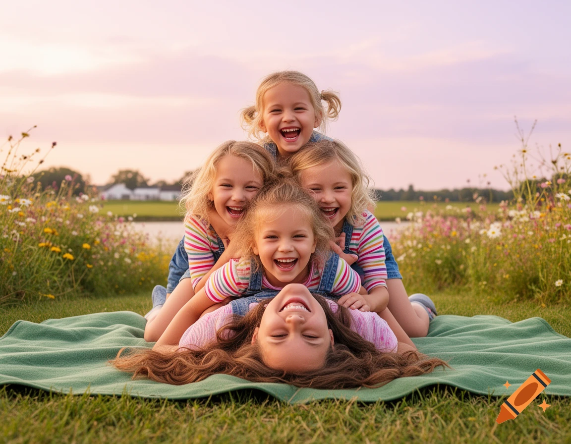 Four happy young girls laugh in a dogpile on a green blanket in a field with wildflowers at sunset.